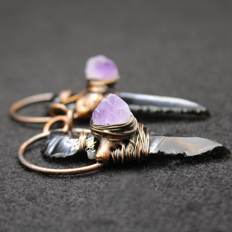 Vintage Personality Obsidian Crystal Rough Pendant Necklace
