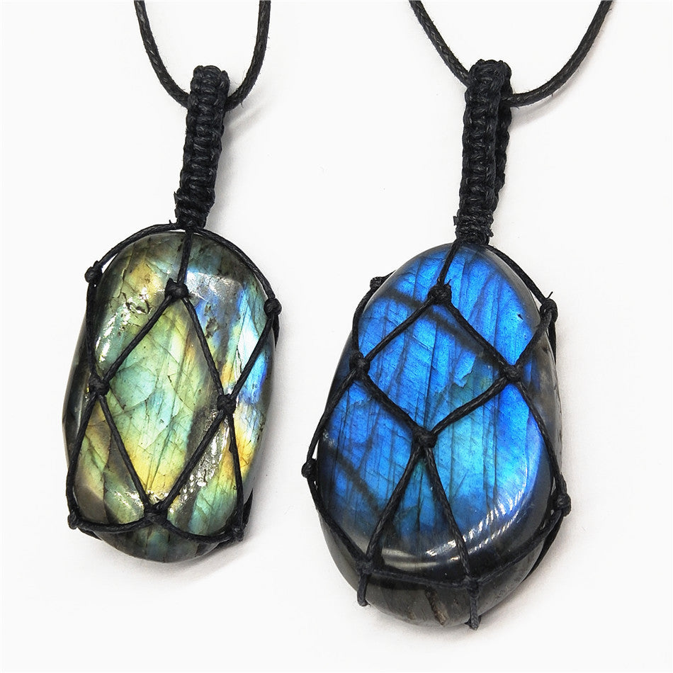 Moonstone Labradorite Rough Stone Woven Pendant Necklace