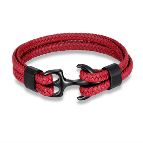 Braided Anchor Stainless Steel Leather Bracelet